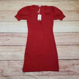 For Love &‎ Lemons KNIT7 Dress Womens XS Red Knit Puff Sleeve Mini Sweetheart